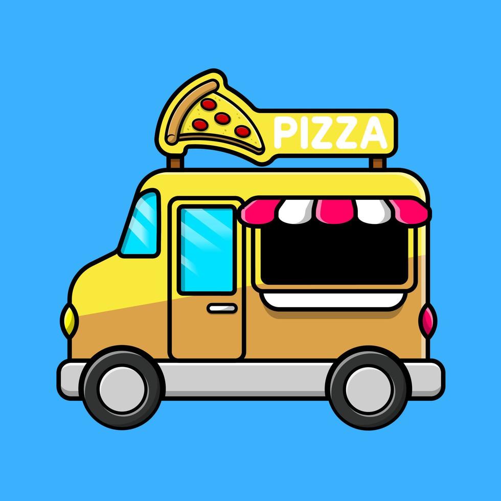 pizza lebensmittel lkw cartoon vektor symbol illustration. flaches karikaturkonzept