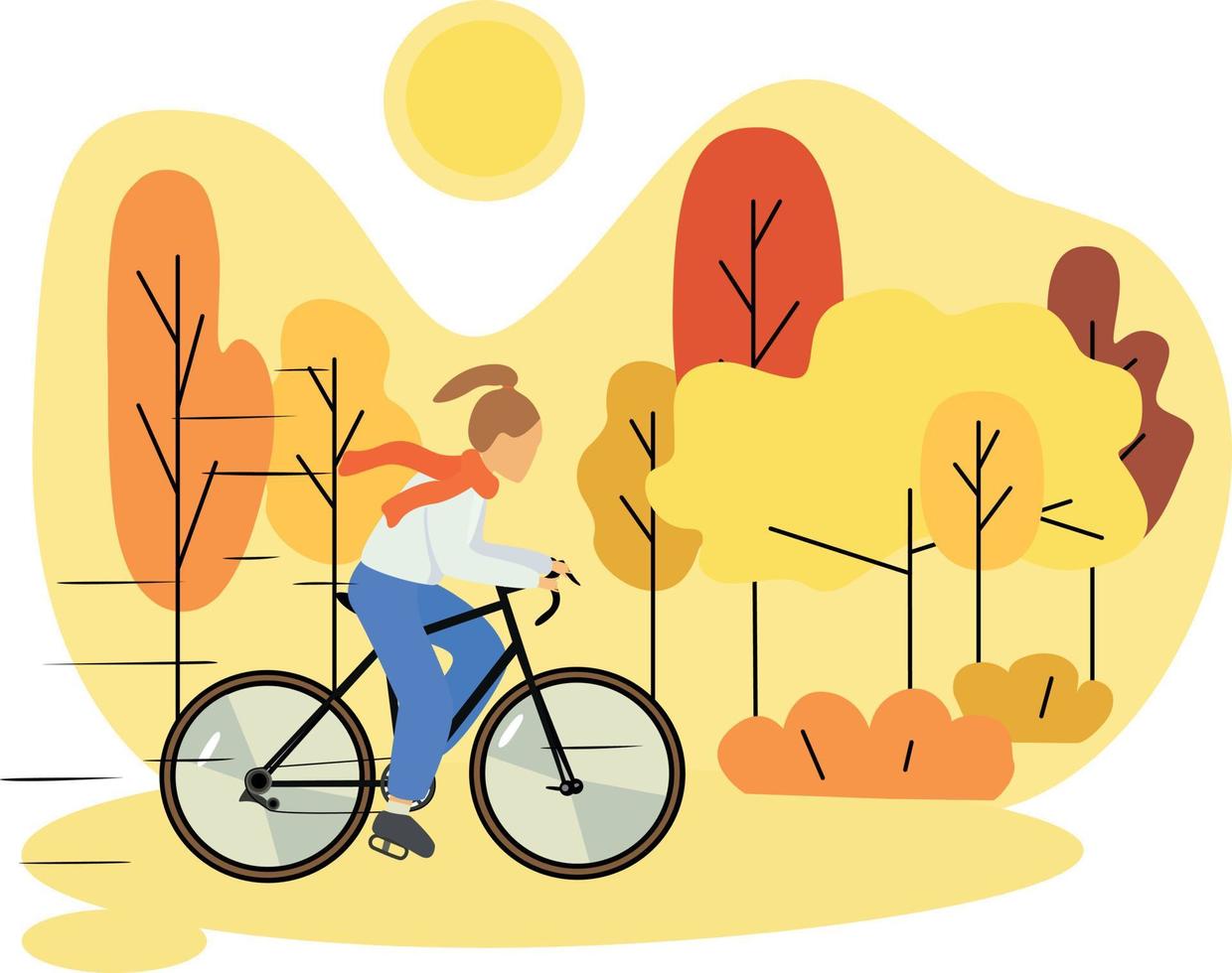 affisch Hej höst. flicka på en cykel. promenad. höst natur, parkera, kullar och fält, landskap med träd och växter, himmel med moln och faller löv. vektor illustration.