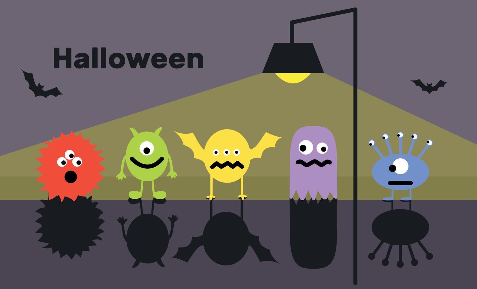 Lycklig halloween. flerfärgad monster. lura eller behandla. mörk gata, lykta. söt tecknad serie skrämmande rolig unge karaktär. vektor