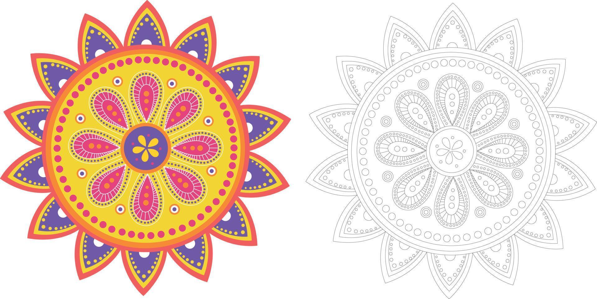 blomma mandala färg sida. Färg med din Färg. diwali. orientalisk mandala, indisk kultur, buddist religion. gul, rosa, lila vektor