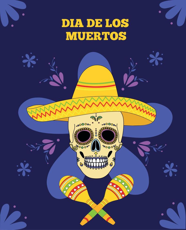 dag av de död, dia de los moertos, baner med färgrik mexikansk blommor. vektor skelett skalle i sombrero. leende socker festlig skalle. fiesta, Semester affisch. maracas. mexico