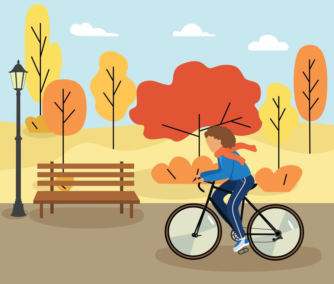 Plakat Hallo Herbst. Mädchen auf einem Fahrrad. Spaziergang. Herbstnatur, Park, Hügel und Felder, Landschaft mit Bäumen und Pflanzen, Himmel mit Wolken und fallenden Blättern. Vektor-Illustration. vektor