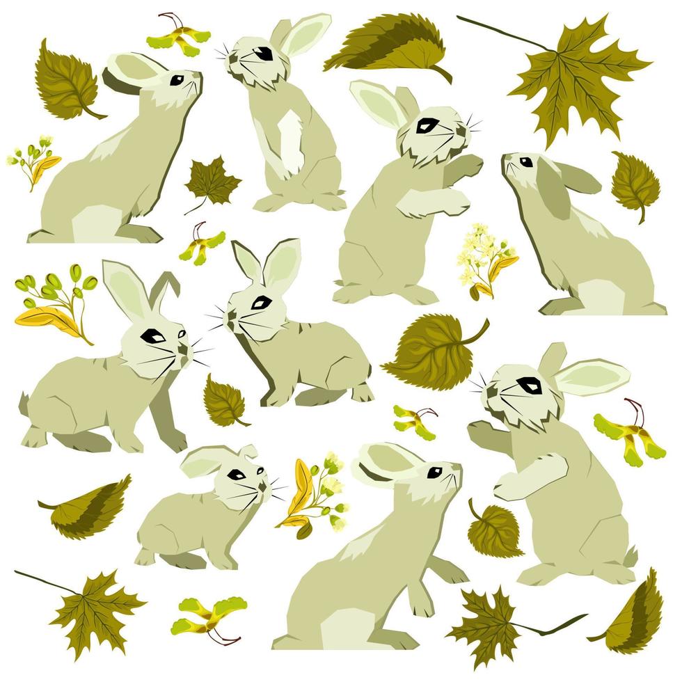 kaniner samling. vektor ClipArt illustration av söt tecknad serie brun kanin i annorlunda poser och åtgärder, Sammanträde, om och lind löv och blommor, och lönn löv och frön.