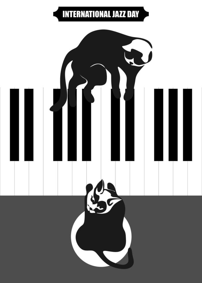 International Jazz Day Music Negative Space Style Vector Poster für Jazz Festival oder Night Blues Retro Party mit Blick von oben Klaviertasten. Katze liegt auf dem Deckel des Klaviers.