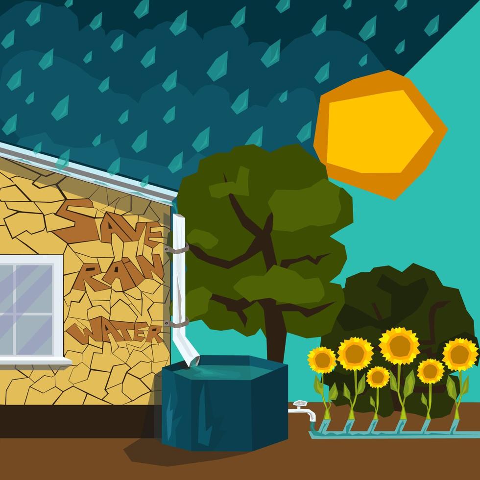 Regenwasser-Auffangsystem auf dem Dach, Sammeln des Regenabflusses in einer Tonne. Abflusssammlung und -speicherung von Niederschlägen zur Wiederverwendung im Haushalt, Garten in Trockenzeiten. kreative stilisierte illustration vektor