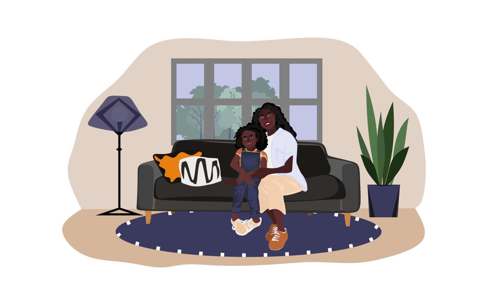 afrikansk amerikan mor med dotter Sammanträde på de soffa i de rum med modern interiör. Lycklig leende afrikansk amerikan familj. vektor platt illustration