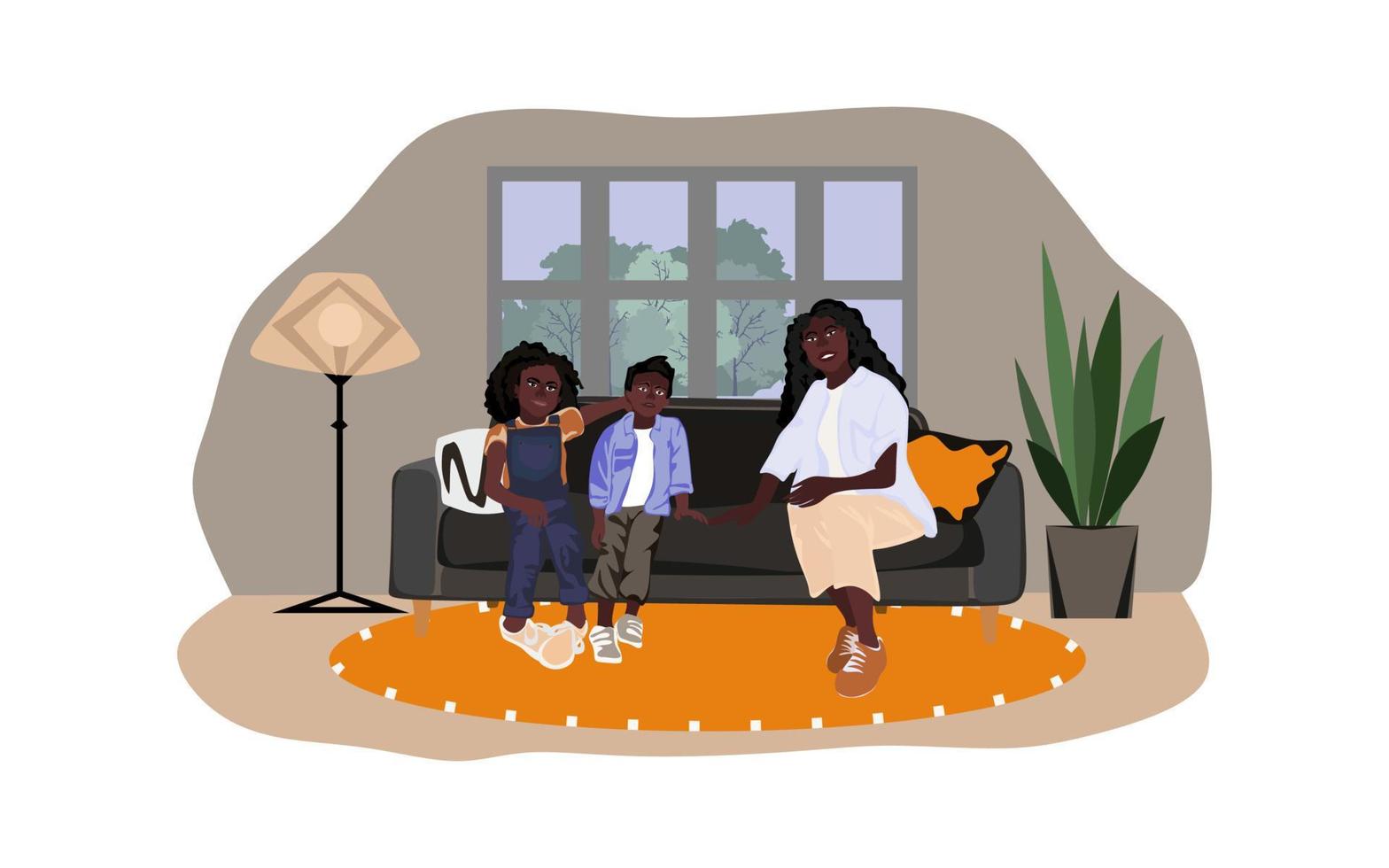 afrikansk amerikan mor med barn Sammanträde på de soffa i de rum med modern interiör. Lycklig leende afrikansk amerikan familj. vektor platt illustration