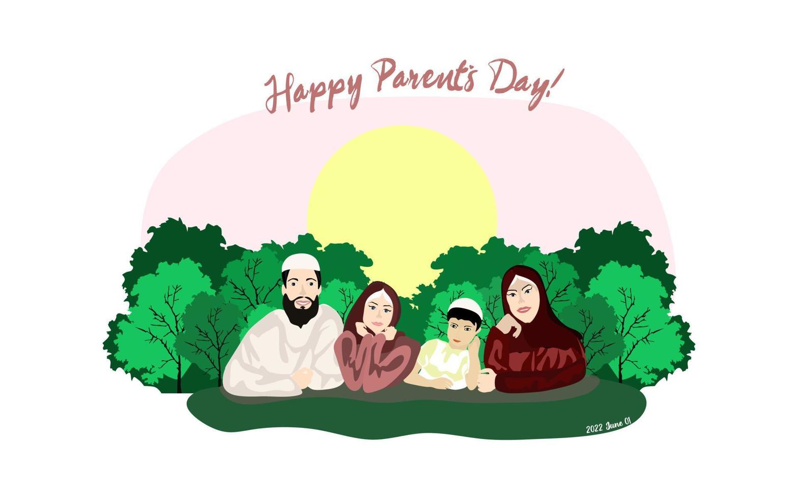 glücklicher globaler tag der elternvektorillustration. konzeptionelles weltelterntagsdesign, banner oder karte. glückliche muslimische familie liegt auf dem gras im park vektor