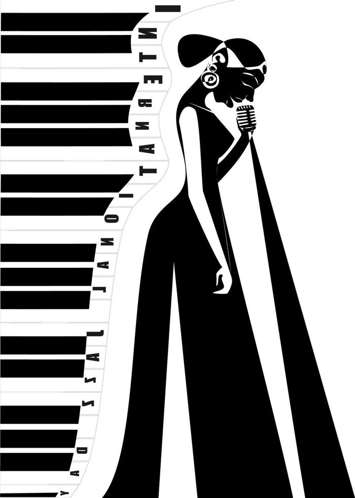 International Jazz Day Music Negative Space Style Vector Poster für Jazz Festival oder Night Blues Retro Party mit Klaviertasten und afroamerikanischer Jazz-Sängerin.