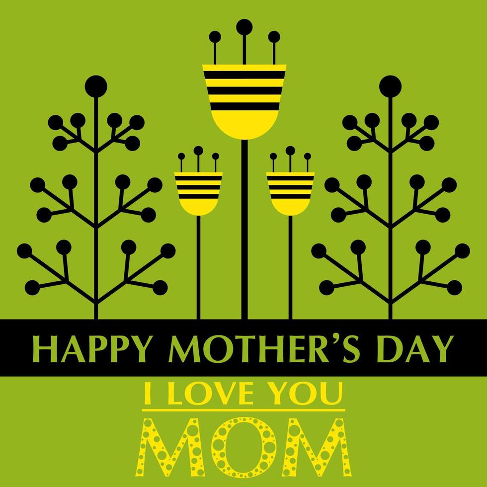 mödrar dag hälsning kort med minimalistisk stil blommor och text Lycklig mödrar dag. gul och svart kort, posta eller baner. hälsning kort för mamma. vektor isolerat illustration