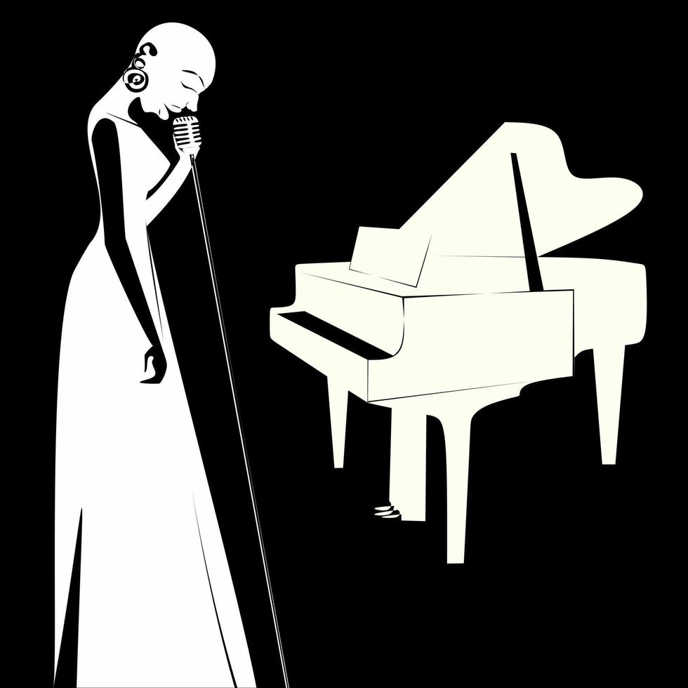svart skallig kvinnor jazz sångare med stor piano i platt stil silhuett på svart bakgrund svart och vit illustration vektor