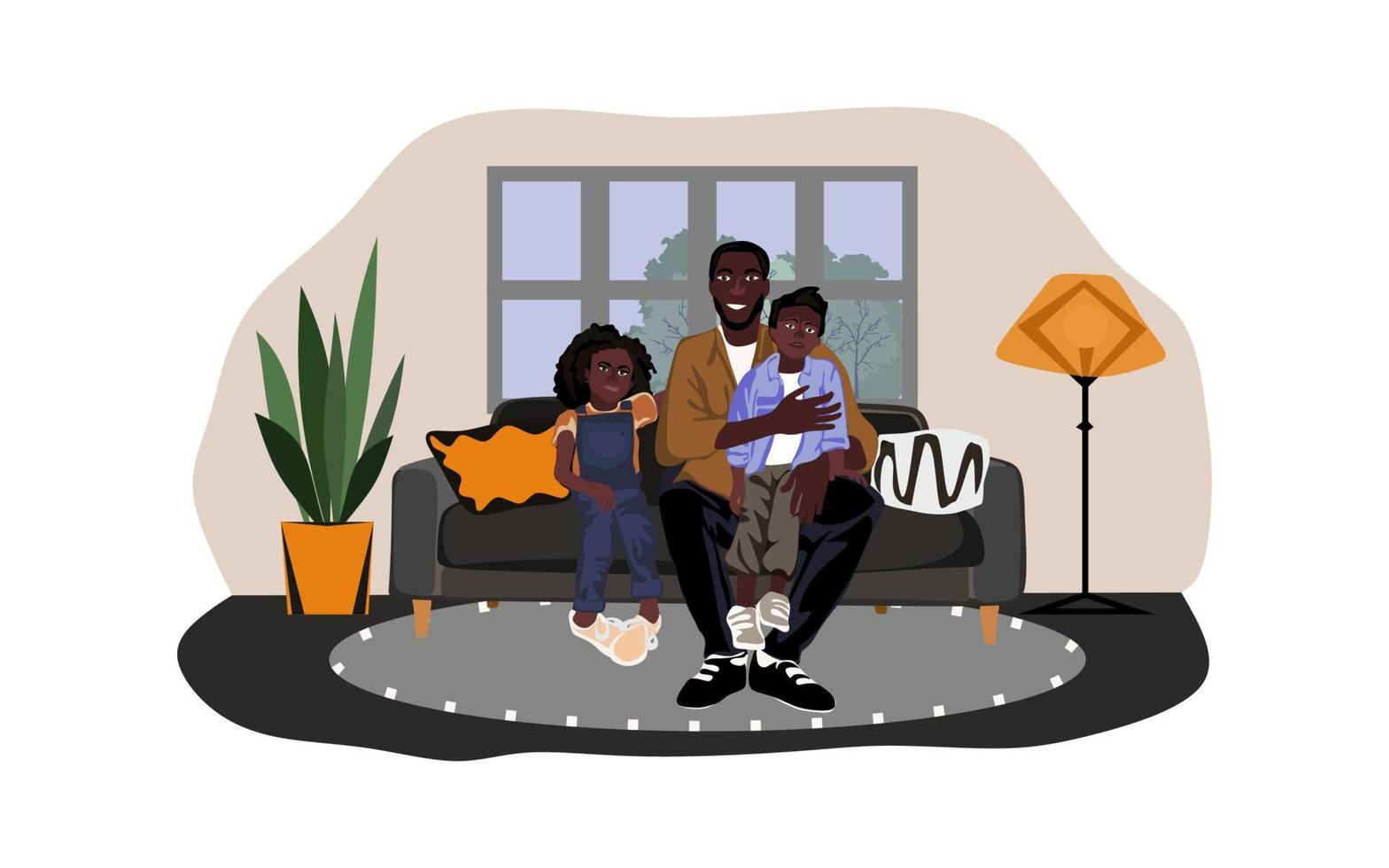 afrikansk amerikan far med barn Sammanträde på de soffa i de rum med modern interiör. Lycklig leende afrikansk amerikan familj. vektor platt illustration
