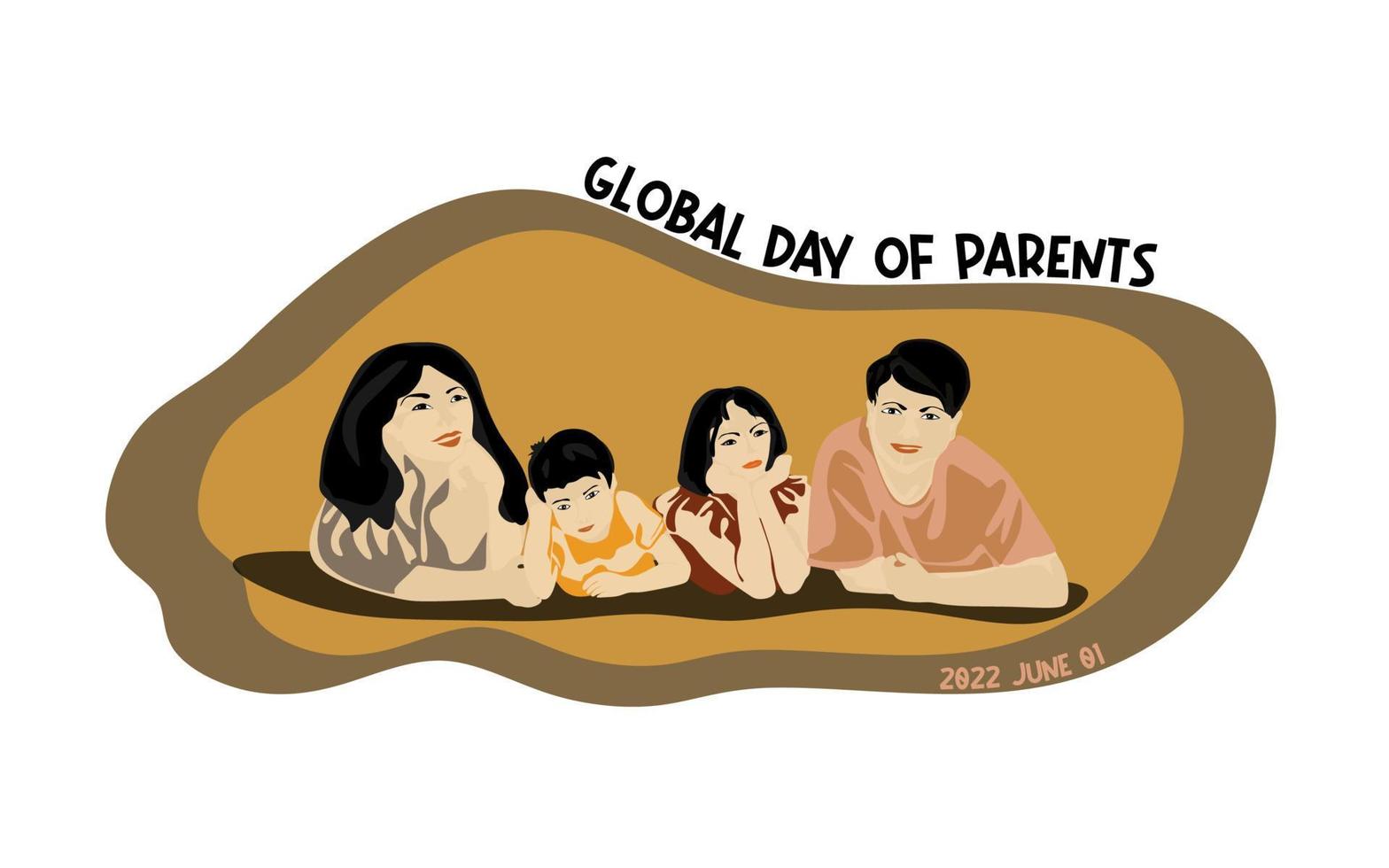 Lycklig global dag av föräldrar vektor illustration. konceptuell värld föräldrar dag design, baner eller kort. Lycklig asiatisk familj platt vektor design