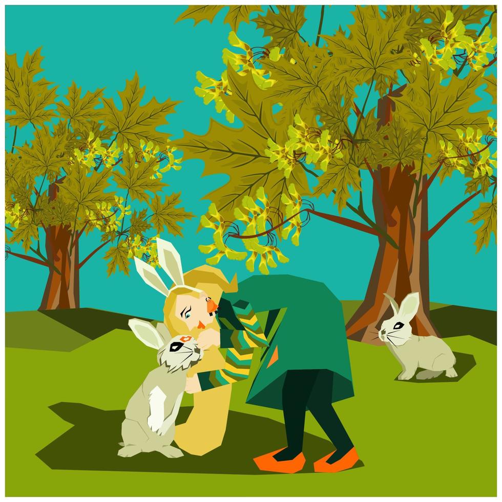 süßes Cartoon-Boho-Stil gekleidetes Mädchen in Stirnband mit Hasenohren im Ahornbaumwald, das kleines Kaninchen oder Hase in seiner Stirn küsst. vektorillustration für kinderbuch, märchen vektor