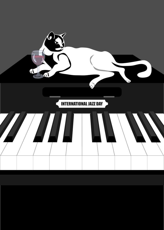 International Jazz Day Music Negative Space Style Vector Poster für Jazz Festival oder Night Blues Retro Party mit Blick von oben Klaviertasten. Katze liegt auf dem Deckel des Klaviers.