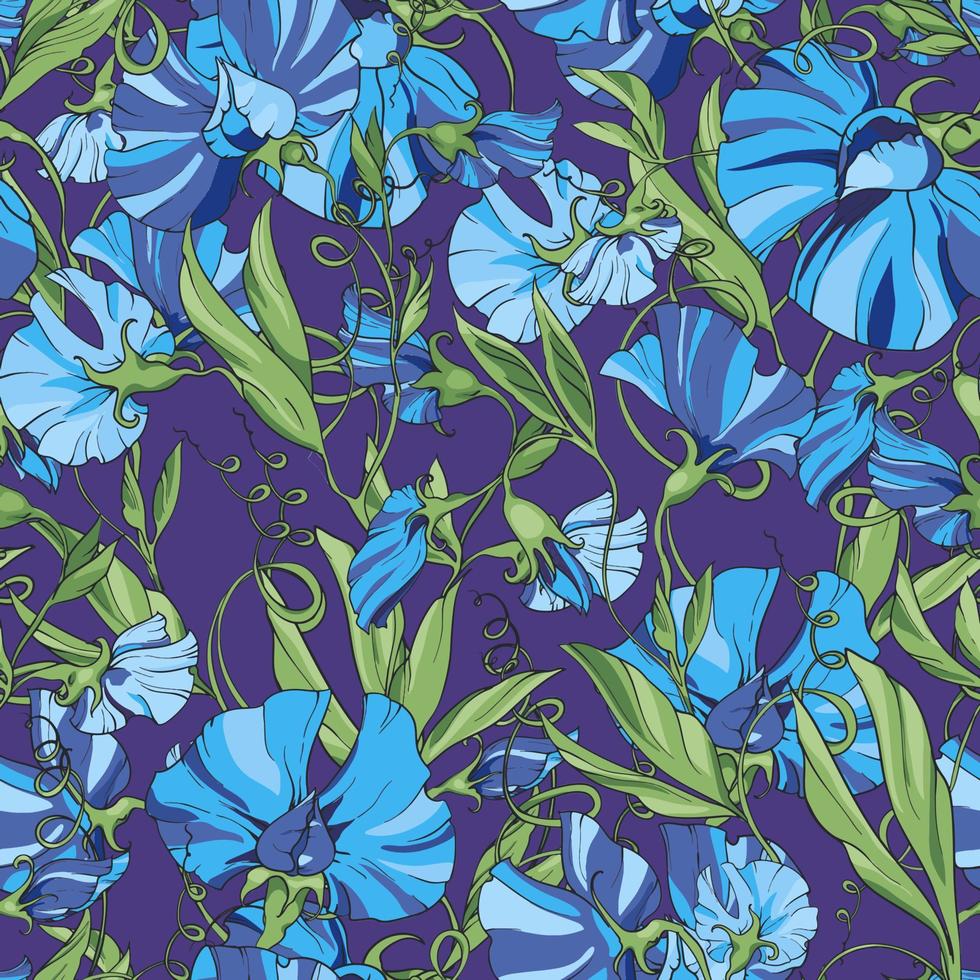blå blommor ljuv ärta på en blå lila bakgrund, blommig sömlös mönster. mönster för tyg, omslag papper, webb sidor, inbjudningar, hälsning kort vektor