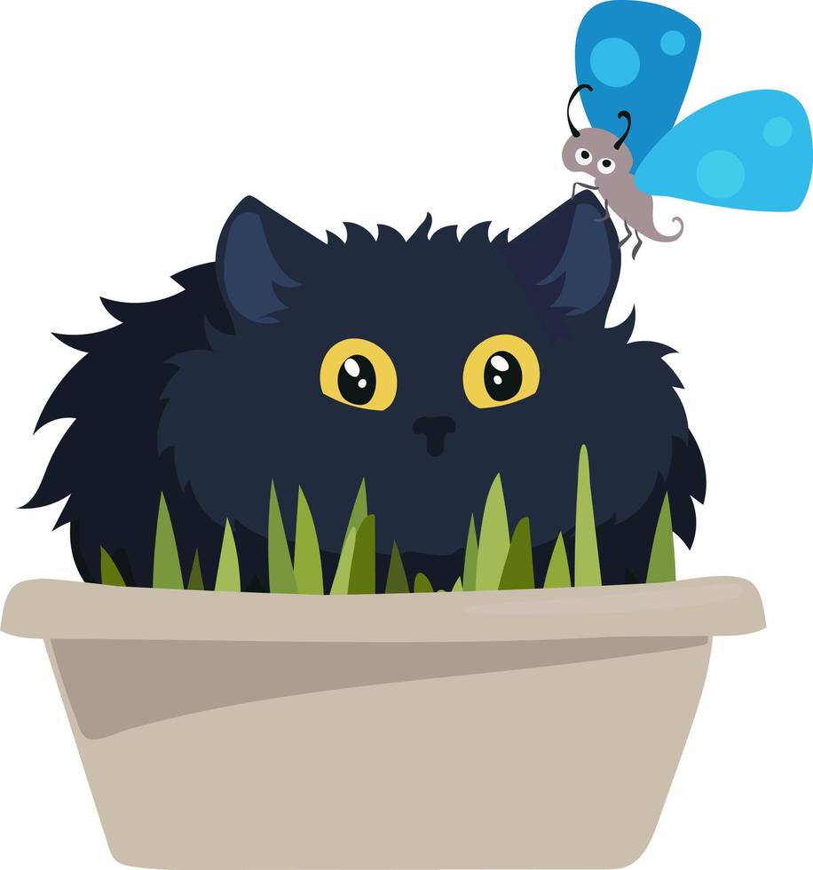 svart katt sitter i en blomma pott med en blå fjäril vektor