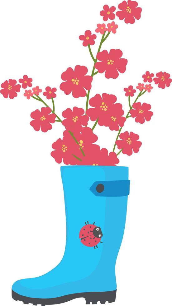 Blauer Gummistiefel mit roten Blumen und Marienkäfer. Illustration zum Thema Gartenvektor vektor
