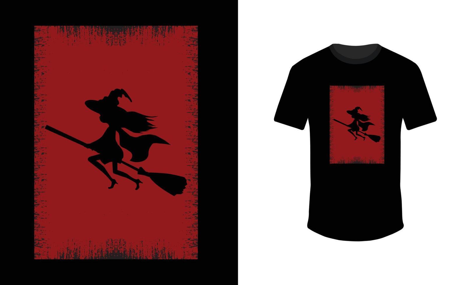 halloween t skjorta design med flygande kvast, Skräck t skjorta design, röd svart t skjorta vektor