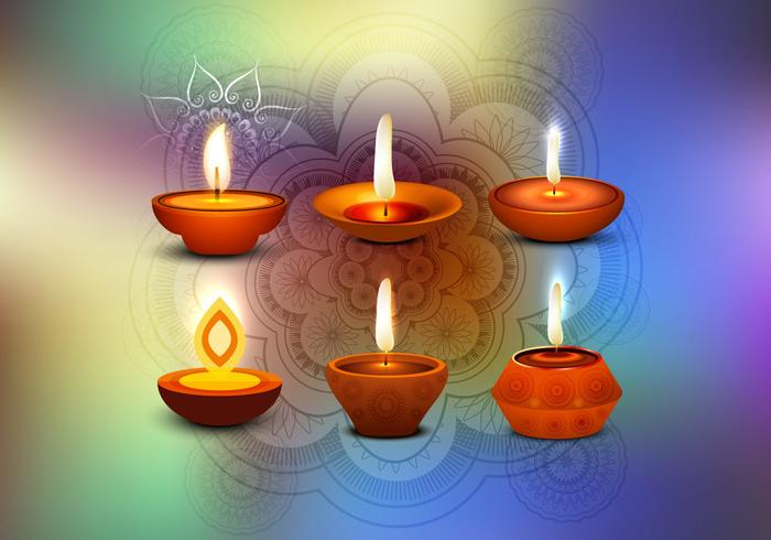 Glühende Diya mit Rangoli auf glücklicher Diwali Karte vektor