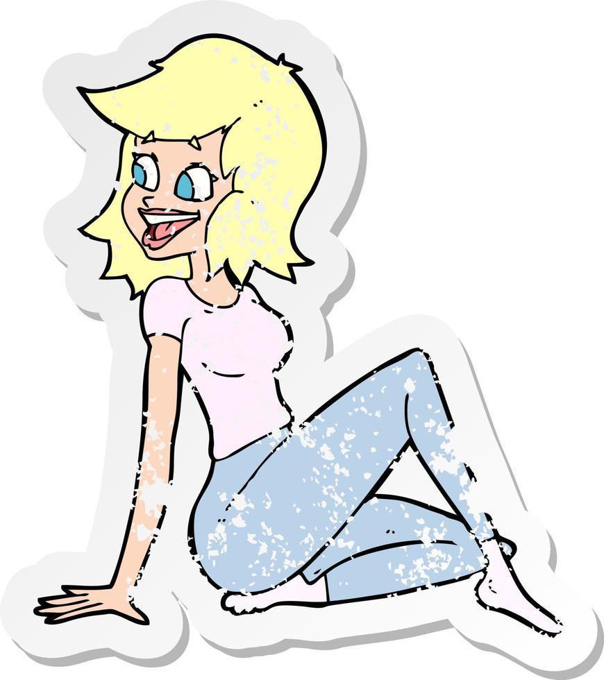 Retro beunruhigter Aufkleber einer hübschen Cartoon-Frau, die glücklich aussieht vektor