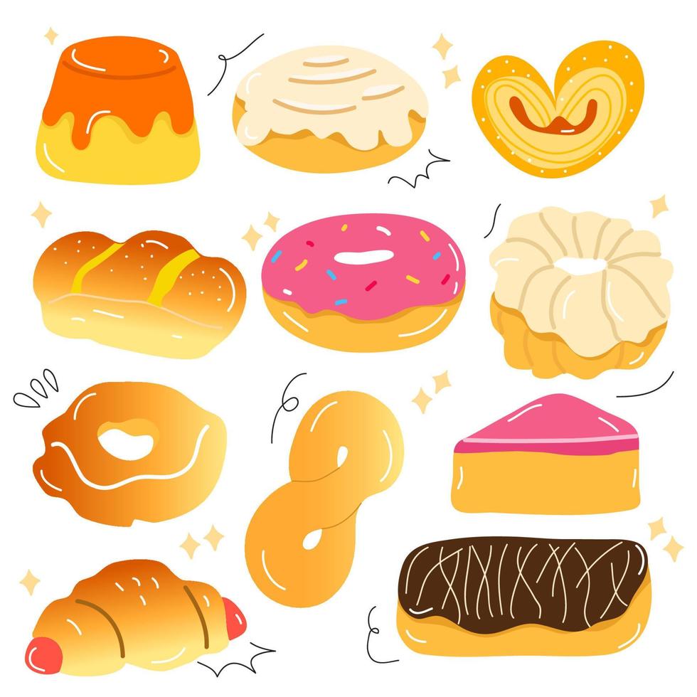 vektor ikonuppsättning bageri. som munkar, croissanter, kakor. isolerad bakgrund.