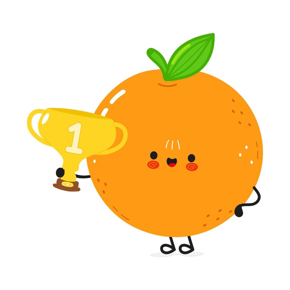 niedliche lustige orange frucht halten goldtrophäenbecher. vektor hand gezeichnete karikatur kawaii charakter illustration symbol. isoliert auf weißem Hintergrund. Orangenfrucht mit Siegerpokal