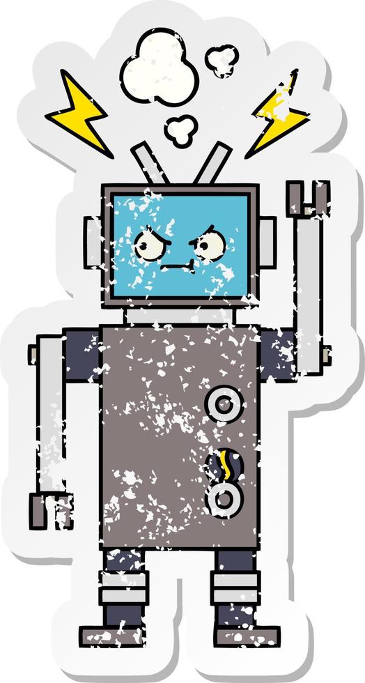 bedrövad klistermärke av en söt tecknad robot vektor