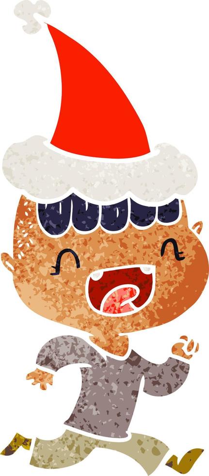 Retro-Karikatur eines fröhlichen Jungen, der mit Weihnachtsmütze lacht und davonläuft vektor