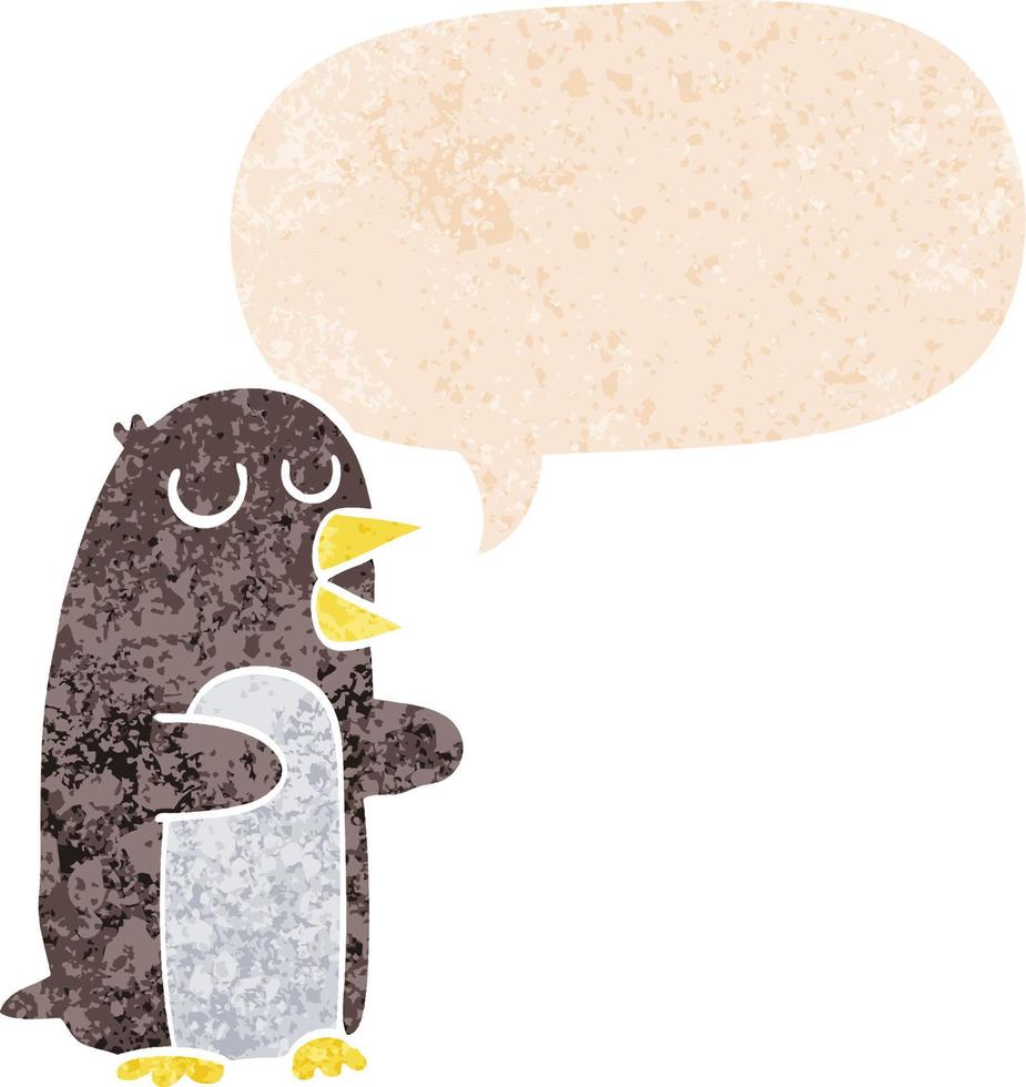 tecknad pingvin och pratbubbla i retro texturerad stil vektor