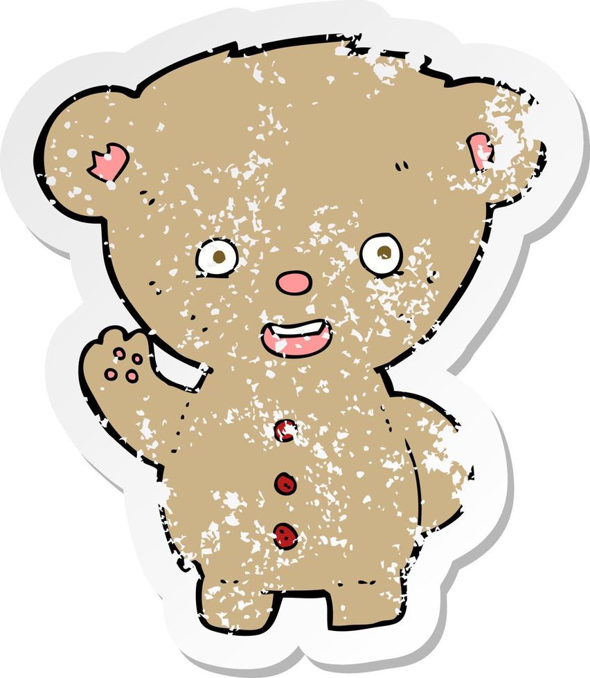 Retro-Distressed-Aufkleber eines winkenden Cartoon-Teddybären vektor