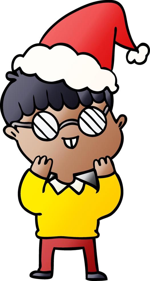 Farbverlauf-Karikatur eines Jungen mit Brille und Weihnachtsmütze vektor