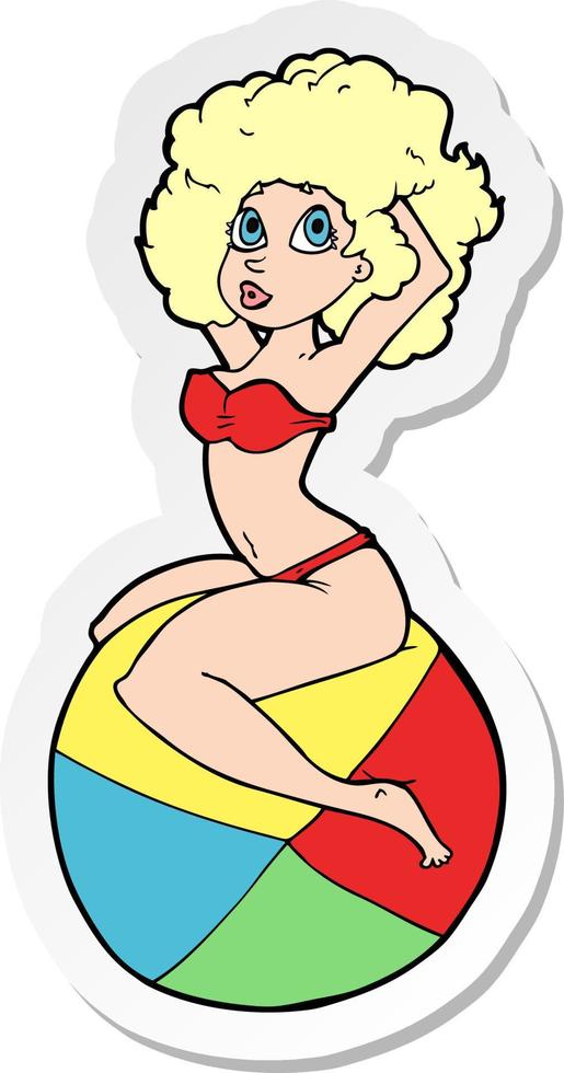 Aufkleber eines Cartoon-Pin-up-Girls, das auf dem Ball sitzt vektor