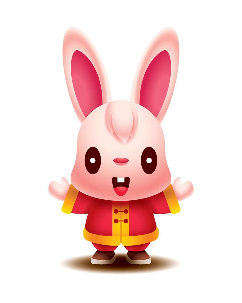 Lycklig kinesisk ny år 2023. tecknad serie söt lång öron kanin bär traditionell kinesisk kostym med hälsning hand. år av de kanin. vektor kanin karaktär