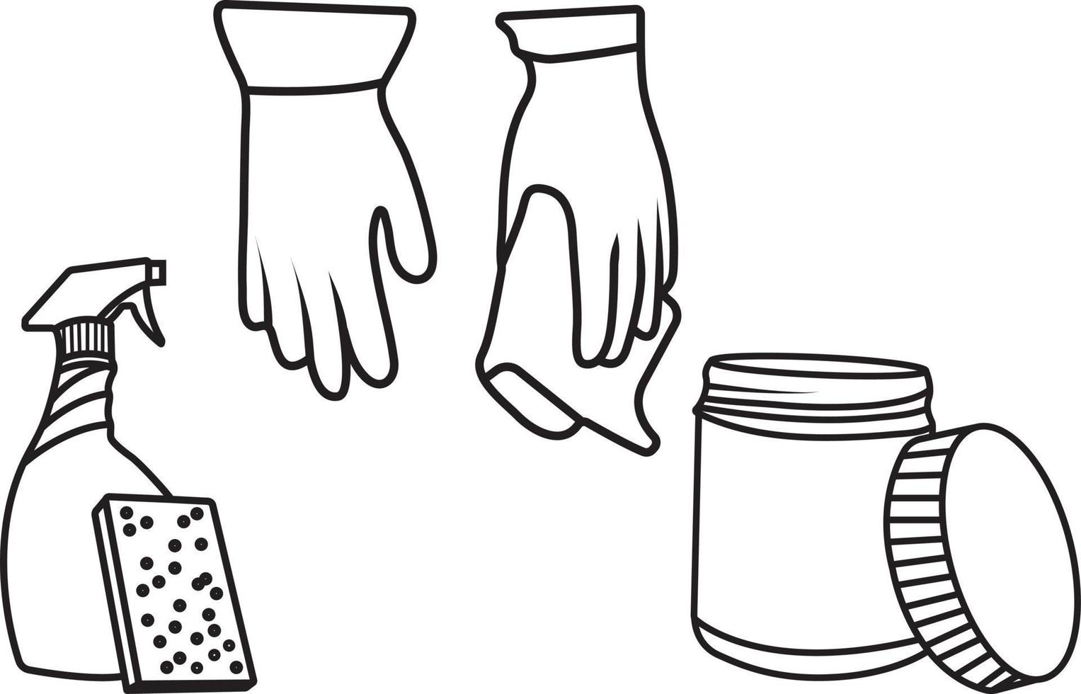 handskar spray flaska, skrubba, och rengöring burk isolerat på vit. vektor illustration