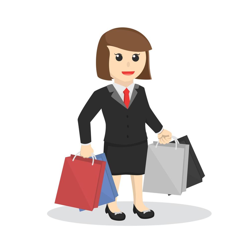 Geschäftsfrau, Sekretärin, kurzes Haar, das Einkaufstaschen trägt, designt Charakter auf weißem Hintergrund vektor