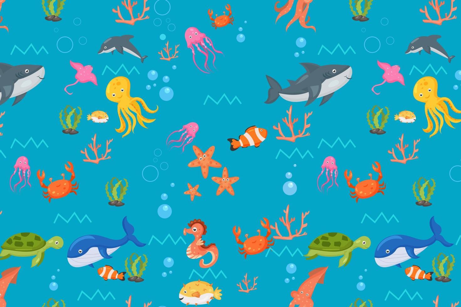 Muster von Fischen und wilden Meerestieren. nahtloser hintergrund mit niedlichen meeresfischen, lächelnden haifischfiguren und meer unterwasserwelt vektor nautisch