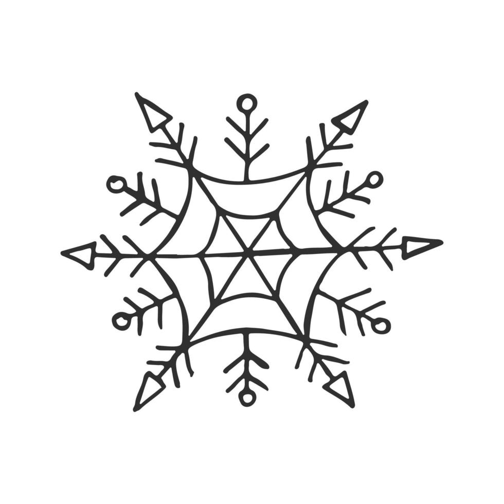 eine handgezeichnete Schneeflocke. Vektorillustration im Doodle-Stil. Winterstimmung. hallo 2023. frohe weihnachten und ein gutes neues jahr. schwarzes Element auf weißem Hintergrund. vektor