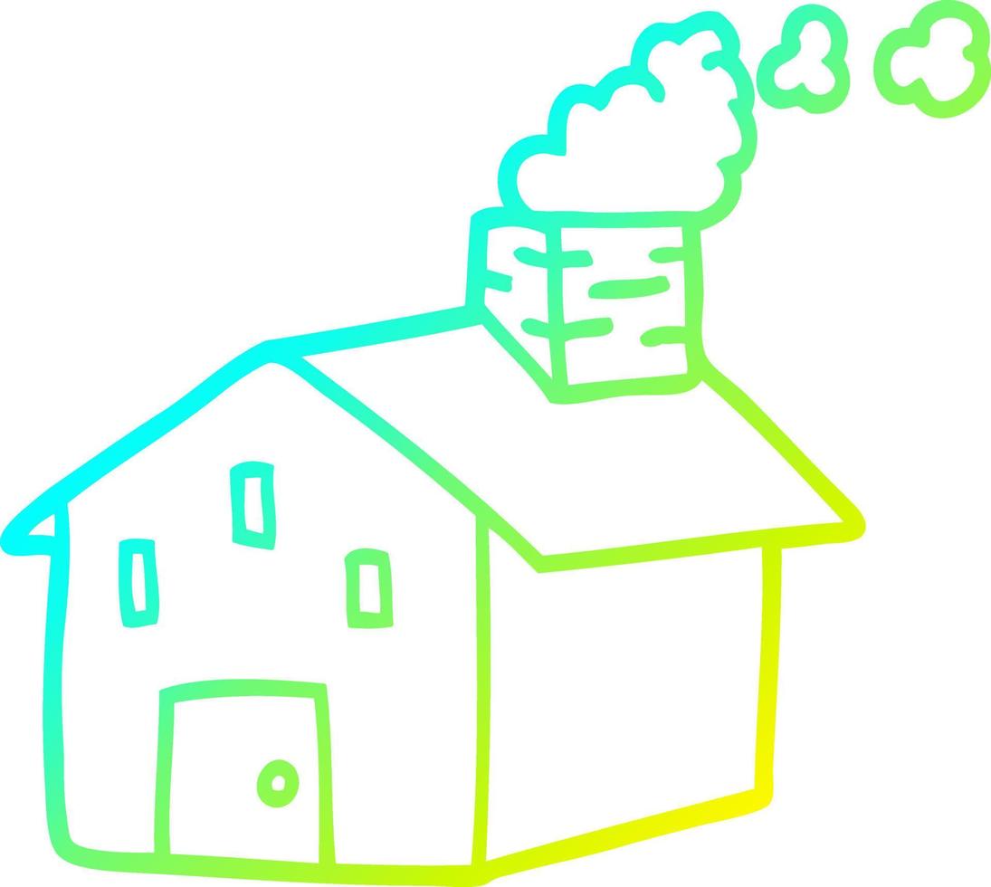 Kalte Gradientenlinie Zeichnung Cartoon-Haus mit rauchendem Schornstein vektor