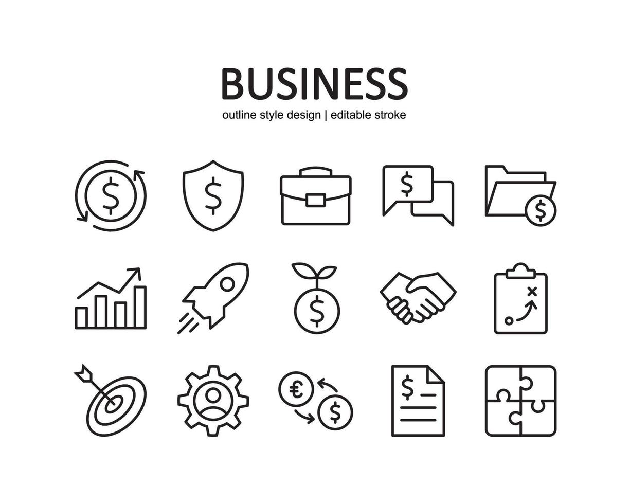 Business-Icon-Set. enthält Symbole wie Finanzen, Händedruck, Job und mehr. Linienstil-Design. Vektorgrafik. geeignet für Website-Design, App, Vorlage, ui. editierbarer Strich. vektor