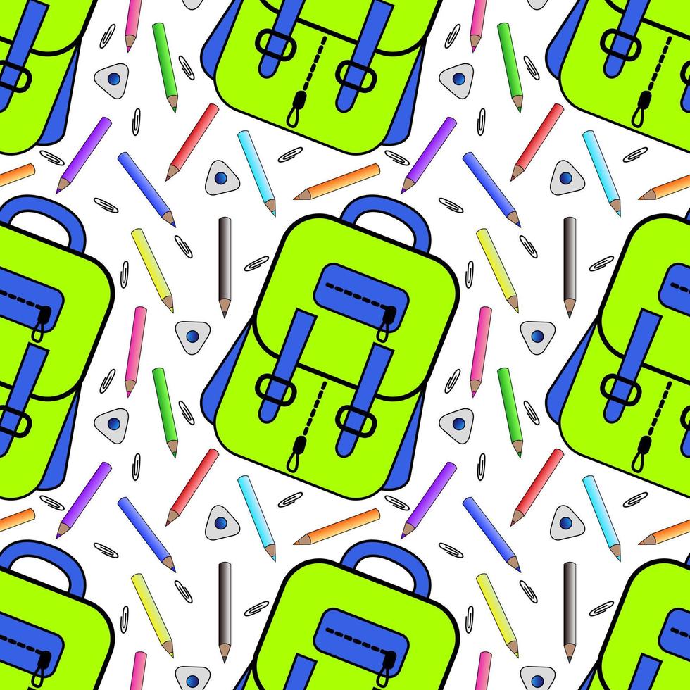vektor sömlös mönster med skola ryggsäckar ljus färger. skola förnödenheter. idealisk för barns affischer, förpackning, textilier, webb design, vykort.