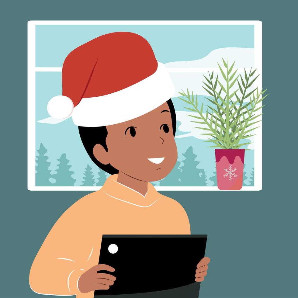 leute, die neujahr und weihnachten feiern. Geschenke und Dekorationen, Weihnachtsbaum und festliche Stimmung. vektor