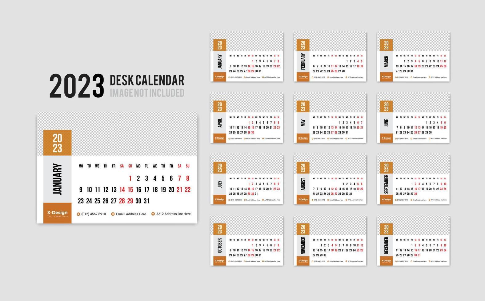 en gång i månaden skrivbord kalender för 2023 år. vecka börjar på måndag vektor