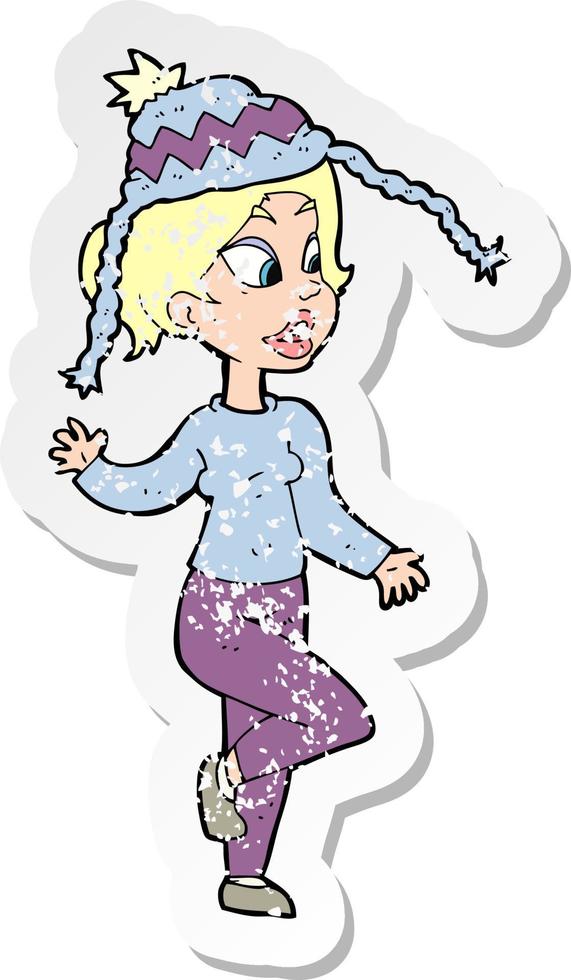 Retro-Distressed-Aufkleber einer Cartoon-Frau in Strickmütze vektor