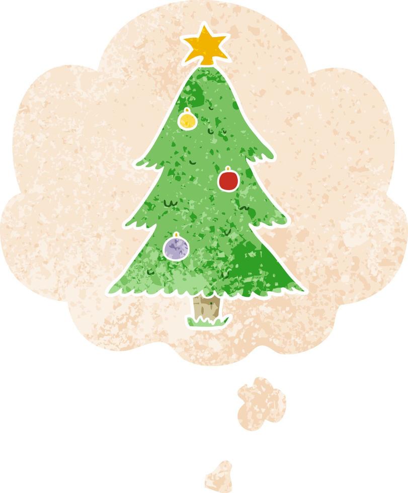 Cartoon-Weihnachtsbaum und Gedankenblase im strukturierten Retro-Stil vektor