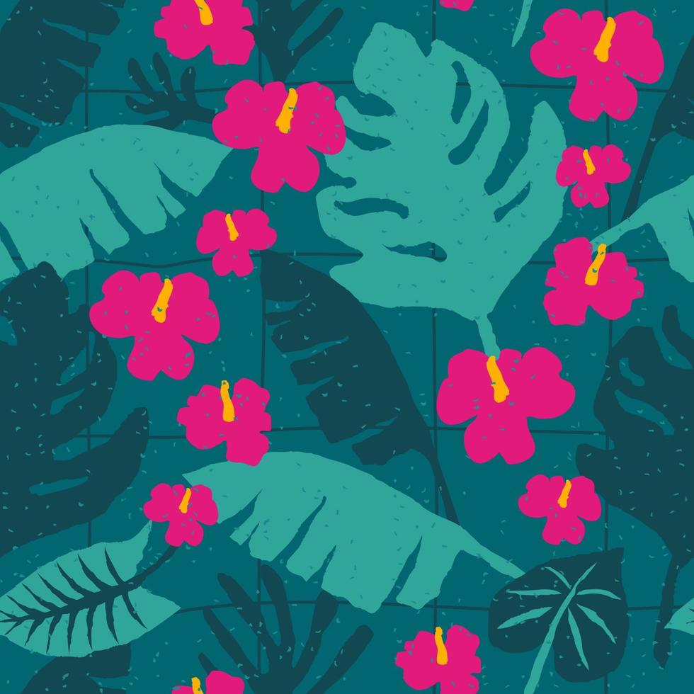 tropisk grön sömlös mönster med monstera handflatan löv och hibiskus blommor. samtida bakgrund med hand dragen trendig textur för skriva ut, design, tyg. vektor illustration