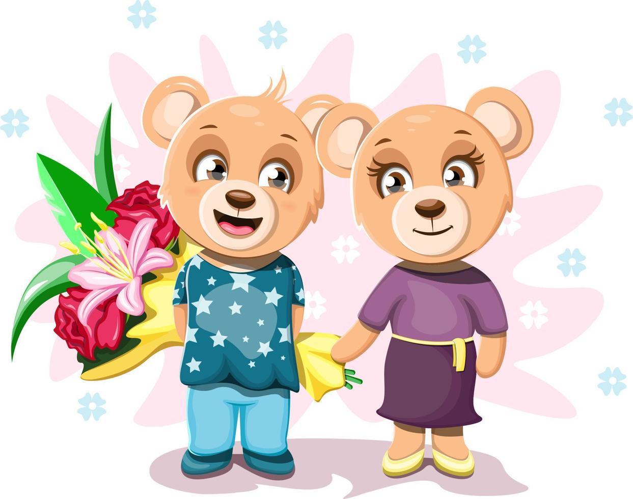 Ein fröhlicher und fröhlicher Bärenjunge steht in der Nähe eines süßen Bärenmädchens und hält einen Blumenstrauß vektor