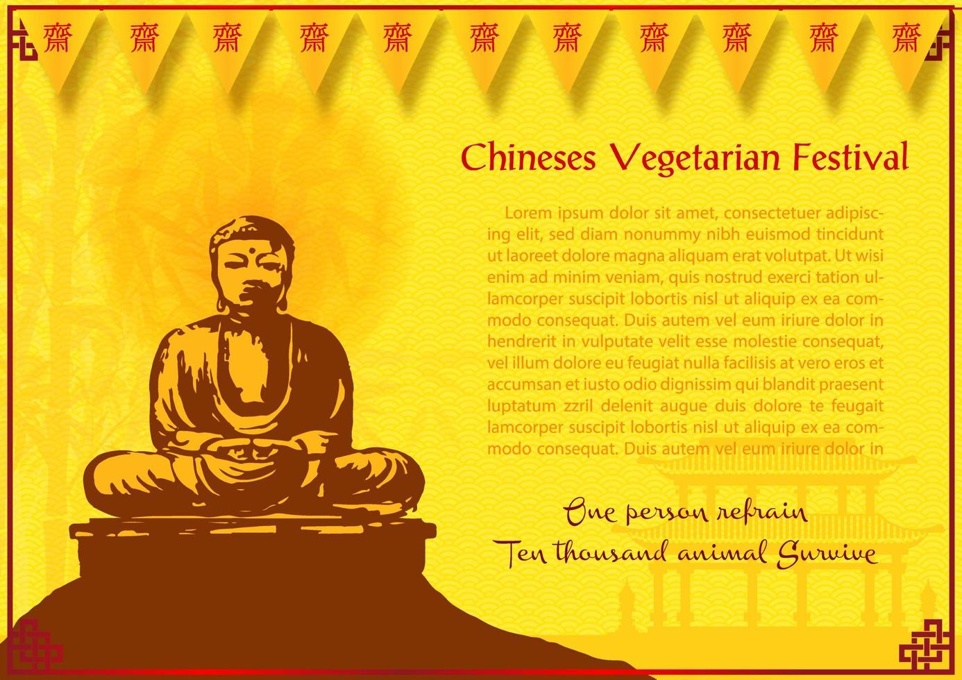 chinesische vegetarische festivalkarte und plakatwerbung im vektordesign. Rote chinesische Buchstaben, die gelesen werden, sind j und die Bedeutung ist die Bewahrung der Reinheit von Körper und Geist für die Anbetung von Buddha auf Englisch. vektor