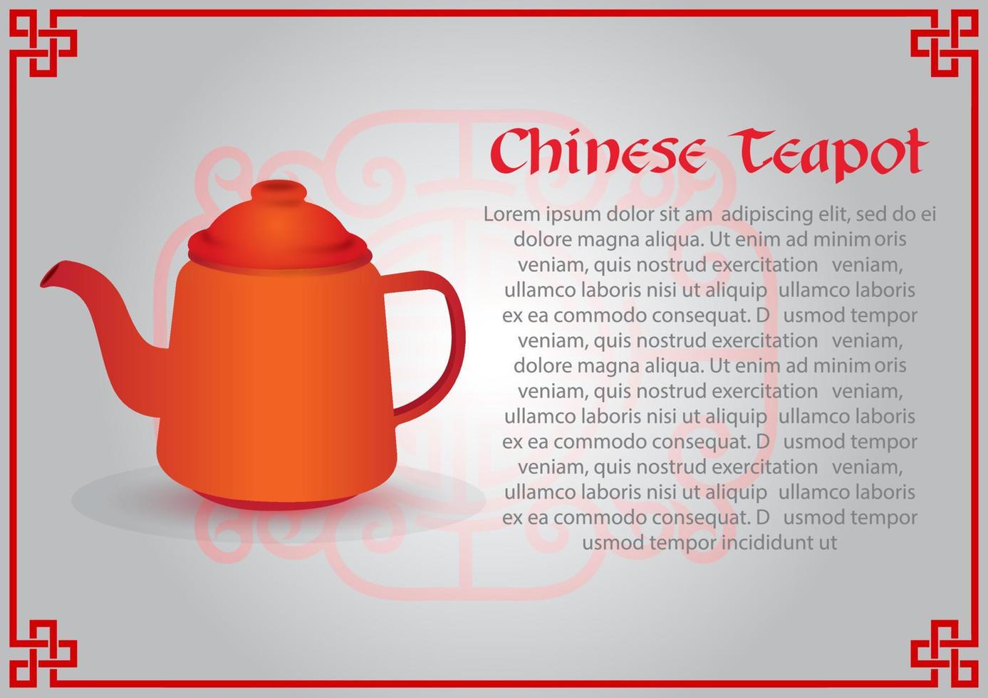 tegel röd Färg och årgång kinesisk te pott med exempel texter på kinesisk dekoration mönster och vit lutning bakgrund. vektor