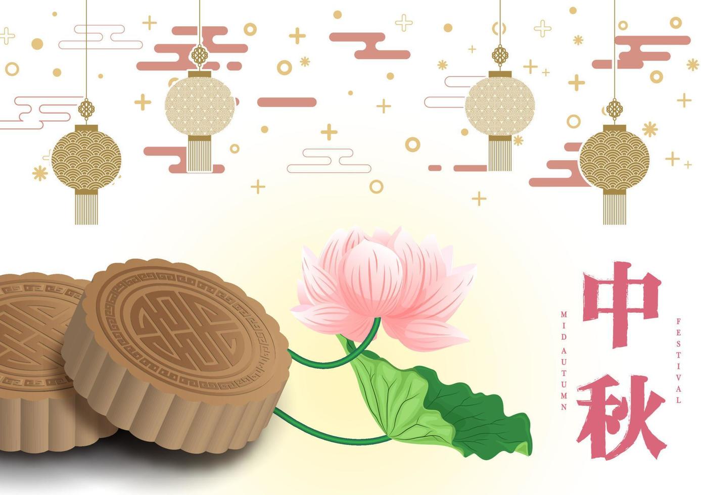 Nahaufnahme und Ernte 3D-Mondkuchen auf schönem Lotus und chinesischem Muster mit chinesischen Texten und Mid Autumn Festival-Buchstaben auf weißem Hintergrund. vektor